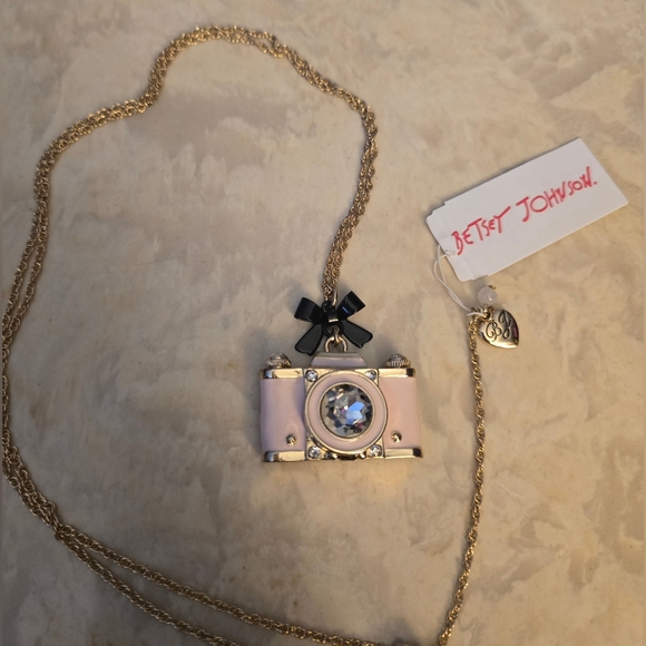 Betsey Johnson Jewelry - Betsey Johnson Pink Camera Pendant Necklace with Black Bow NWT! Rare!